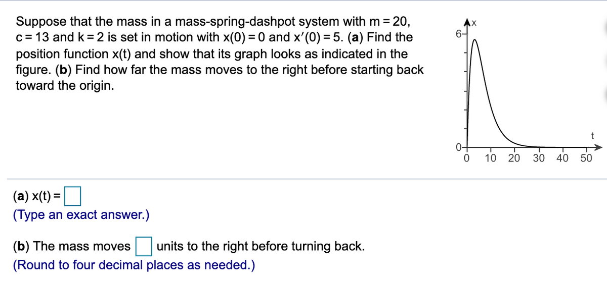 Suppose that the mass in a mass-spring-dashpot system with m = 20,
c= 13 and k =2 is set in motion with x(0) = 0 and x'(0) =5. (a) Find the
position function x(t) and show that its graph looks as indicated in the
figure. (b) Find how far the mass moves to the right before starting back
toward the origin.
Ax
6-
%3D
0+
20
30
40
50
(a) x(t) =|
(Type an exact answer.)
(b) The mass moves
units to the right before turning back.
(Round to four decimal places as needed.)
