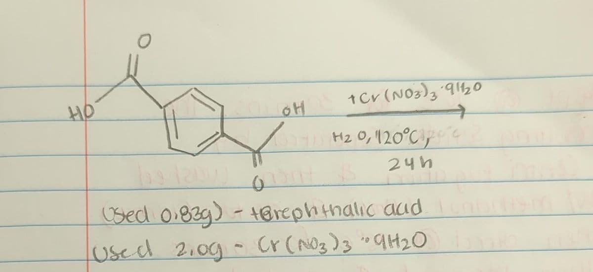 НО
0
OH
+ CV (NO3)3 911₂0
→
HH₂0, 120 °C₂0 4
24h
0
Used 0.839) - Brephthalic and
Used 2,0g - (r(NO3)3 "9H₂0) lonik