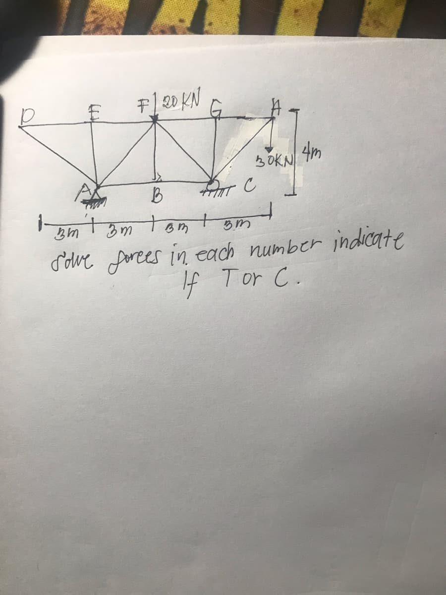 F1 20 KN
+
(D
30KN
FOOT C
tomit
4m
B
i-Bm
tBm
3m
solve forces in each number indicate
If Tor C.