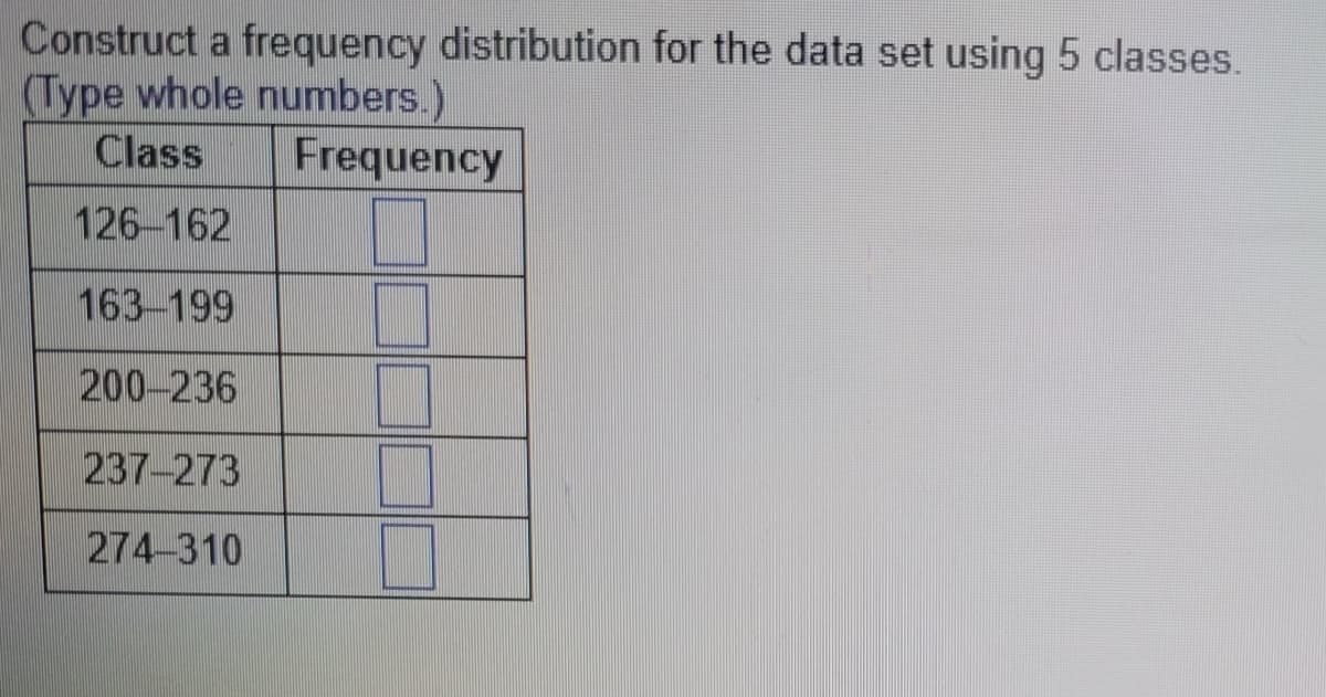 Construct a frequency distribution for the data set using 5 classes.
(Type whole numbers.)
Class
Frequency
126-162
163-199
200-236
237-273
274-310