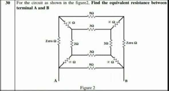 30
For the circuit as shown in the figure2, Find the equivalent resistance between
terminal A and B
30
Zero a
20
Zero a
30
Figure 2
