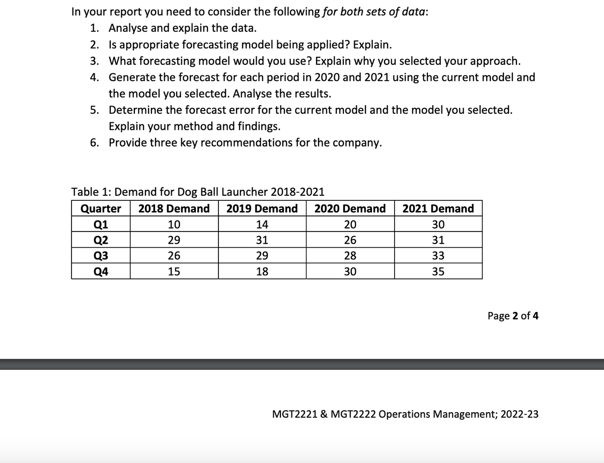 In your report you need to consider the following for both sets of data:
1. Analyse and explain the data.
2. Is appropriate forecasting model being applied? Explain.
3. What forecasting model would you use? Explain why you selected your approach.
4. Generate the forecast for each period in 2020 and 2021 using the current model and
the model you selected. Analyse the results.
5.
Determine the forecast error for the current model and the model you selected.
Explain your method and findings.
6. Provide three key recommendations for the company.
Table 1: Demand for Dog Ball Launcher 2018-2021
Quarter 2018 Demand 2019 Demand 2020 Demand
Q1
Q2
Q3
Q4
10
29
26
15
14
31
29
18
20
26
28
30
2021 Demand
30
31
33
35
Page 2 of 4
MGT2221 & MGT2222 Operations Management; 2022-23