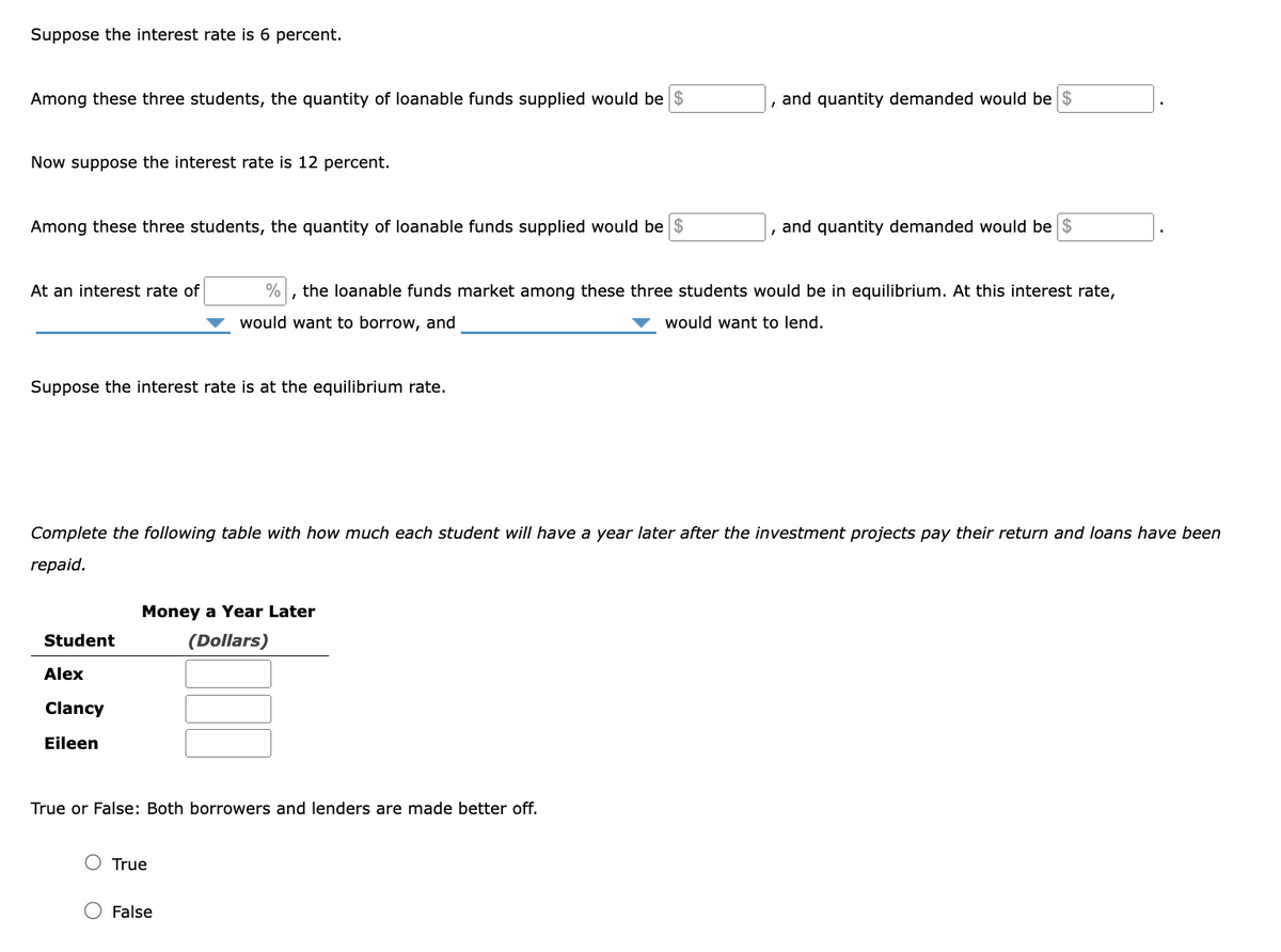 Suppose the interest rate is 6 percent.
Among these three students, the quantity of loanable funds supplied would be $
Now suppose the interest rate is 12 percent.
Among these three students, the quantity of loanable funds supplied would be $
At an interest rate of
Suppose the interest rate is at equilibrium rate.
Student
Alex
Clancy
Eileen
Money a Year Later
(Dollars)
Complete the following table with how much each student will have a year later after the investment projects pay their return and loans have been
repaid.
True or False: Both borrowers and lenders are made better off.
True
I
% the loanable funds market among these three students would be in equilibrium. At this interest rate,
would want to borrow, and
would want to lend.
O False
and quantity demanded would be $
and quantity demanded would be $