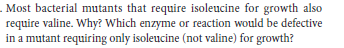 . Most bacterial mutants that require isoleucine for growth also
require valine. Why? Which enzyme or reaction would be defective
in a mutant requiring only isoleucine (not valine) for growth?
