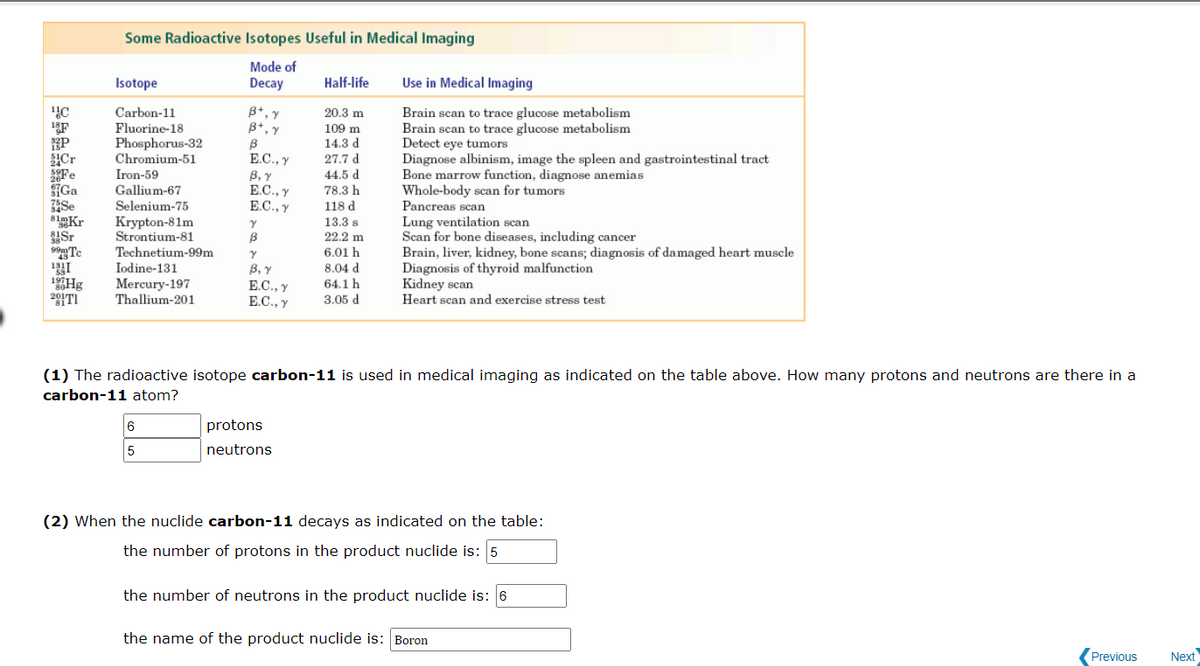 Some Radioactive Isotopes Useful in Medical Imaging
Mode of
Isotope
Decay
Half-life
Use in Medical Imaging
Carbon-11
Fluorine-18
Phosphorus-32
B+, y
B+, y
20.3 m
Brain scan to trace glucose metabolism
Brain scan to trace glucose metabolism
Detect eye tumors
Diagnose albinism, image the spleen and gastrointestinal tract
Bone marrow function, diagnose anemias
Whole-body scan for tumors
Pancreas scan
Lung ventilation scan
Scan for bone diseases, including cancer
Brain, liver, kidney, bone scans; diagnosis of damaged heart muscle
Diagnosis of thyroid malfunction
Kidney scan
Heart scan and exercise stress test
109 m
14.3 d
27.7 d
Cr
Fe
SGa
Se
8Kr
Chromium-51
Е.С., у
Iron-59
Gallium-67
Selenium-75
В, у
Е.С., у
Е.С., у
26
44.5 d
78.3 h
118 d
Krypton-81m
Strontium-81
Technetium-99m
Iodine-131
13.3 s
22.2 m
6.01 h
Sr
99Te
43
131I
B, Y
E.C., Y
E.C., y
8.04 d
64.1 h
3.05 d
1971
1Hg
201TI
Mercury-197
Thallium-201
(1) The radioactive isotope carbon-11 is used in medical imaging as indicated on the table above. How many protons and neutrons are there in a
carbon-11 atom?
6
protons
neutrons
(2) When the nuclide carbon-11 decays as indicated on the table:
the number of protons in the product nuclide is: 5
the number of neutrons in the product nuclide is: 6
the name of the product nuclide is: Boron
Previous
Next
