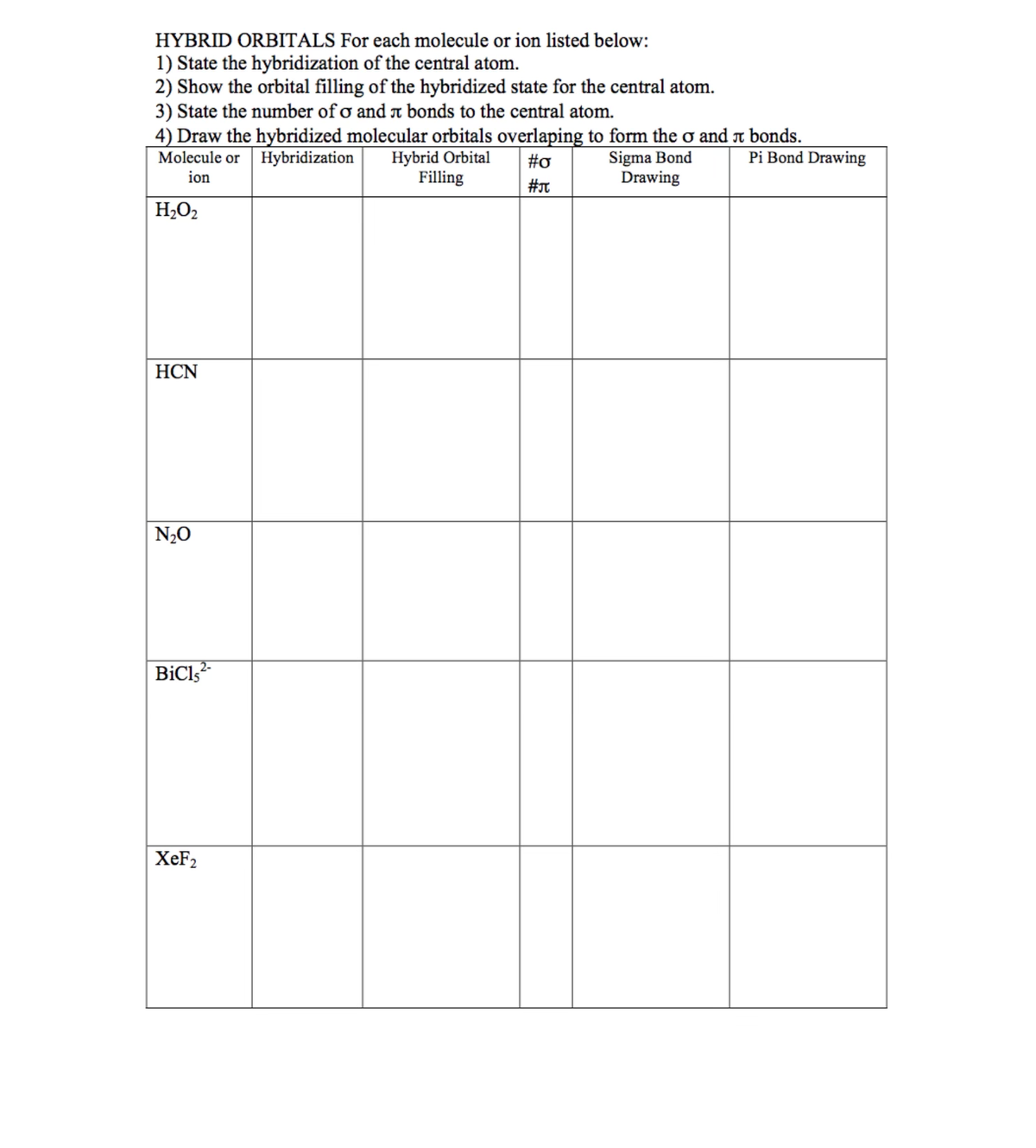 HYBRID ORBITALS For each molecule or ion listed below:
1) State the hybridization of the central atom.
2) Show the orbital filling of the hybridized state for the central atom.
3) State the number of o and л bonds to the central atom.
4) Draw the hybridized molecular orbitals overlaping to form the σ and
Molecule or Hybridization Hybrid Orbital
#o
Sigma Bond
Drawing
ion
Filling
#J
H₂O₂
HCN
N₂0
BiC1,2-
XeF2
bonds.
Pi Bond Drawing