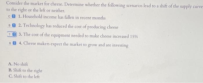 Consider the market for cheese. Determine whether the following scenarios lead to a shift of the supply curve
to the right or the left or neither.
ce 1. Household income has fallen in recent months
82. Technology has reduced the cost of producing cheese
23. The cost of the equipment needed to make cheese increased 15%
BB 4. Cheese makers expect the market to grow and are investing
A. No shift
B. Shift to the right
C. Shift to the left