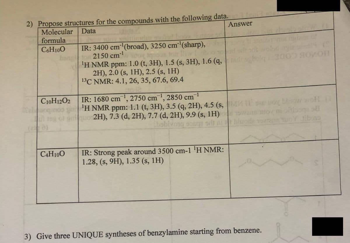 2) Propose structures for the compounds with the following data.
Molecular
Data
Answer
formula
unit
IR: 3400 cm'(broad), 3250 cm (sharp),
2150 cm-1
'H NMR ppm: 1.0 (t, 3H), 1.5 (s, 3H), 1.6 (q,
2H), 2.0 (s, 1H), 2.5 (s, 1H)
13C NMR: 4.1, 26, 35, 67.6, 69.4
C6H100
hangi
don tor liw ob
IR: 1680 cm', 2750 cm1, 2850 cm
'H NMR ppm: 1.1 (t, 3H), 3.5 (q, 2H), 4.5 (s,
Jeg of griquo 2H), 7.3 (d, 2H), 7.7 (d, 2H), 9.9 (s, 1H)
G ebacc bLOAigeq
C10H12O2
-1
100 gmi
sa oy bloow
ooge orit ni
C4H100
IR: Strong peak around 3500 cm-1 'H NMR:
1.28, (s, 9H), 1.35 (s, 1H)
3) Give three UNIQUE syntheses of benzylamine starting from benzene.
