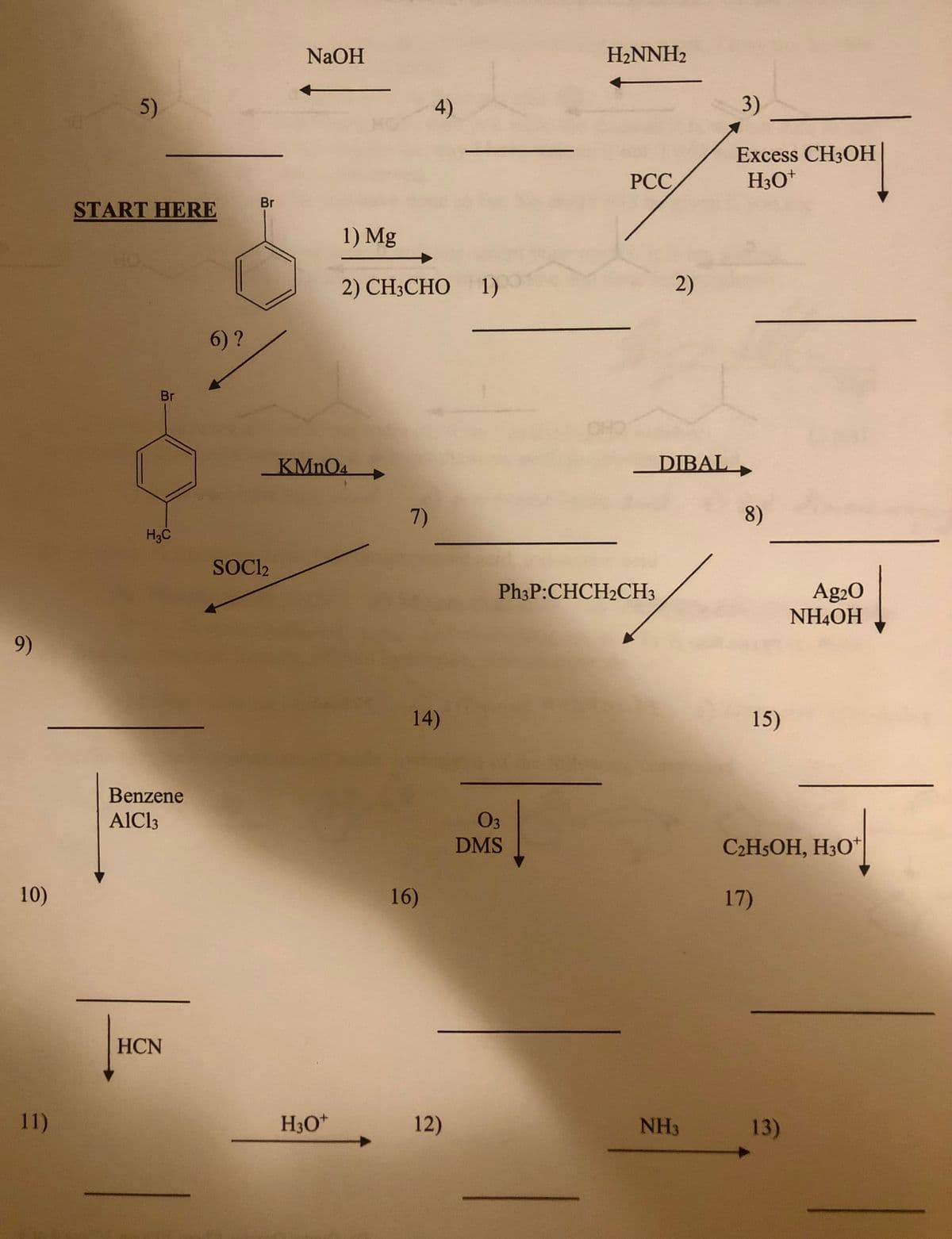 NAOH
H2NNH2
5)
4)
3)
Excess CH3OH
H3O*
РСС
Br
START HERE
1) Mg
2) CH3CHO 1)
2)
6)?
Br
KMNO4
DIBAL,
7)
8)
H3C
SOC22
Ag20
NH4OH
Ph3P:CHCH2CH3
9)
14)
15)
Benzene
AlCl3
03
DMS
C2H5OH, H3O*
10)
16)
17)
HCN
11)
H3O*
12)
NH3
13)
