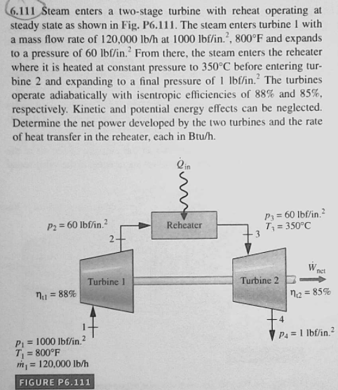 6.111 Steam enters a two-stage turbine with reheat operating at
steady state as shown in Fig. P6.111. The steam enters turbine 1 with
a mass flow rate of 120,000 lb/h at 1000 lbf/in.², 800°F and expands
to a pressure of 60 lbf/in. From there, the steam enters the reheater
where it is heated at constant pressure to 350°C before entering tur-
bine 2 and expanding to a final pressure of 1 lbf/in.? The turbines
operate adiabatically with isentropic efficiencies of 88% and 85%,
respectively. Kinetic and potential energy effects can be neglected.
Determine the net power developed by the two turbines and the rate
of heat transfer in the reheater, each in Btu/h.
Qin
P3 = 60 lbf/in.2
T = 350°C
P2 = 60 lbf/in.2
Reheater
W
net
Turbine 1
Turbine 2
Nu = 88%
Ni2 = 85%
P4 =1 lbf/in.2
P1 = 1000 Ibf/in.2
T = 800°F
m = 120,000 lb/h
FIGURE P6.111
