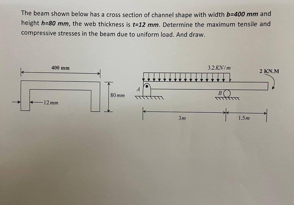 The beam shown below has a cross section of channel shape with width b=400 mm and
height h=80 mm, the web thickness is t=12 mm. Determine the maximum tensile and
compressive stresses in the beam due to uniform load. And draw.
3.2 KN/m
400 mm
2 KN.M
A
BO
80 mm
12 mm
Зт
1.5m
