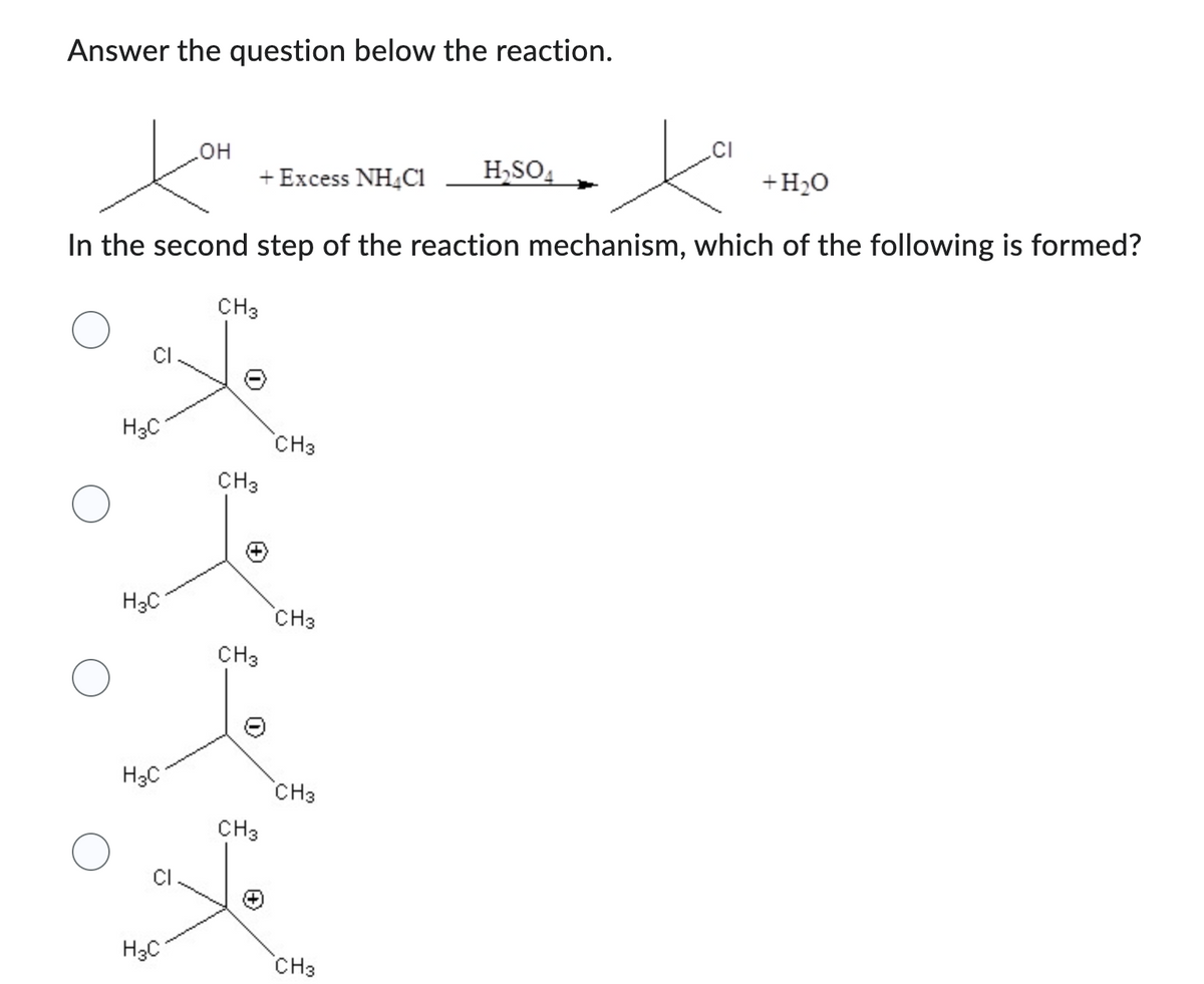 Answer the question below the reaction.
OH
tom
ta
+ H₂O
In the second step of the reaction mechanism, which of the following is formed?
H3C
H3C
H3C
H3C
+ Excess NH4C1
CH3
CH3
CH3
CH3
CH3
CH3
CH3
CH3
H₂SO4