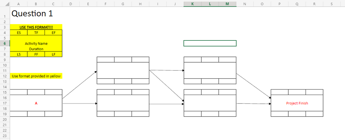 A B
E
F
G
H
K
L
M
N
P
Q
R
Question 1
2
USE THIS FORMAT!!!
4
ES
TF
EF
6
Activity Name
Duration
8
LS
FF
LF
9
10
11
12
Use format provided in yellow
13
14
15
16
17
A
Project Finish
18
19
20
21
22
23
