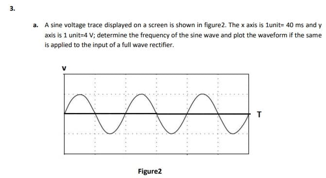 3.
a. A sine voltage trace displayed on a screen is shown in figure2. The x axis is 1unit= 40 ms and y
axis is 1 unit=4 V; determine the frequency of the sine wave and plot the waveform if the same
is applied to the input of a full wave rectifier.
v
Figure2
