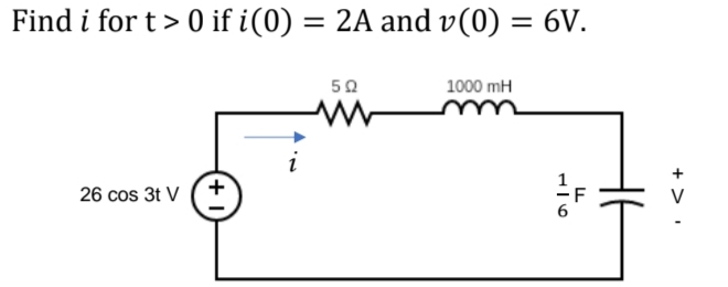 Find i for t> 0 if i(0) = 2A and v(0) = 6V.
5Ω
1000 mH
ww
26 cos 3t V
1+
F
+ >.