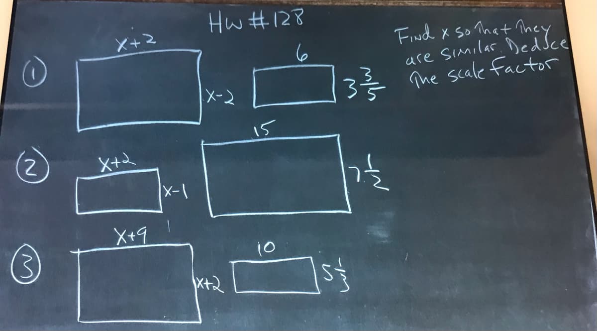 Hw #128
X+2
Find x so That hey
are SImilas DedSce
3€ The scale factor
X-2
15
X+2
X+9
10
X+2
is
