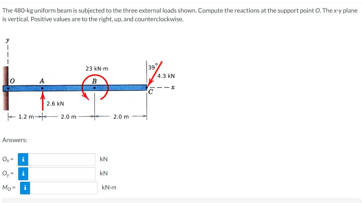 The 480-kg uniform beam is subjected to the three external loads shown. Compute the reactions at the support point O. The x-y plane
is vertical. Positive values are to the right, up, and counterclockwise.
y
39
4.3 kN
23 kN-m
A
B
- -
C
2.6 kN
+ 1.2 m
2.0 m
2.0 m
Answers:
Ox =
i
kN
i
kN
Mo =
i
kN-m
