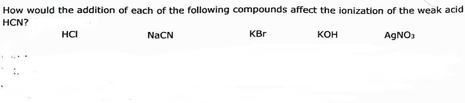 How would the addition of each of the following compounds affect the ionization of the weak acid
HCN?
HCI
NaCN
KBr
Кон
AGNO3
