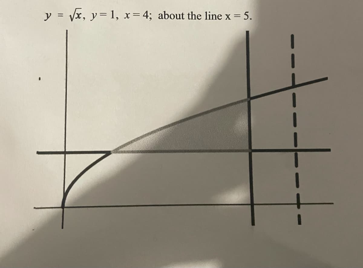 y = vx, y= 1, x= 4; about the line x = 5.
