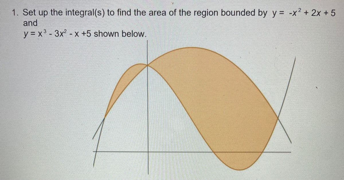 1. Set up the integral(s) to find the area of the region bounded by y = -x2 + 2x +5
and
y = x3 - 3x2 - x +5 shown below.
