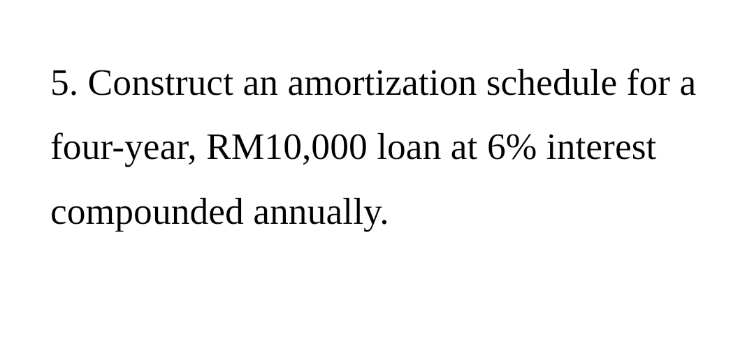 5. Construct an amortization schedule for a
four-year, RM10,000 loan at 6% interest
compounded annually.
