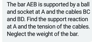 The bar AEB is supported by a ball
and socket at A and the cables BC
and BD. Find the support reaction
at A and the tension of the cables.
Neglect the weight of the bar.
