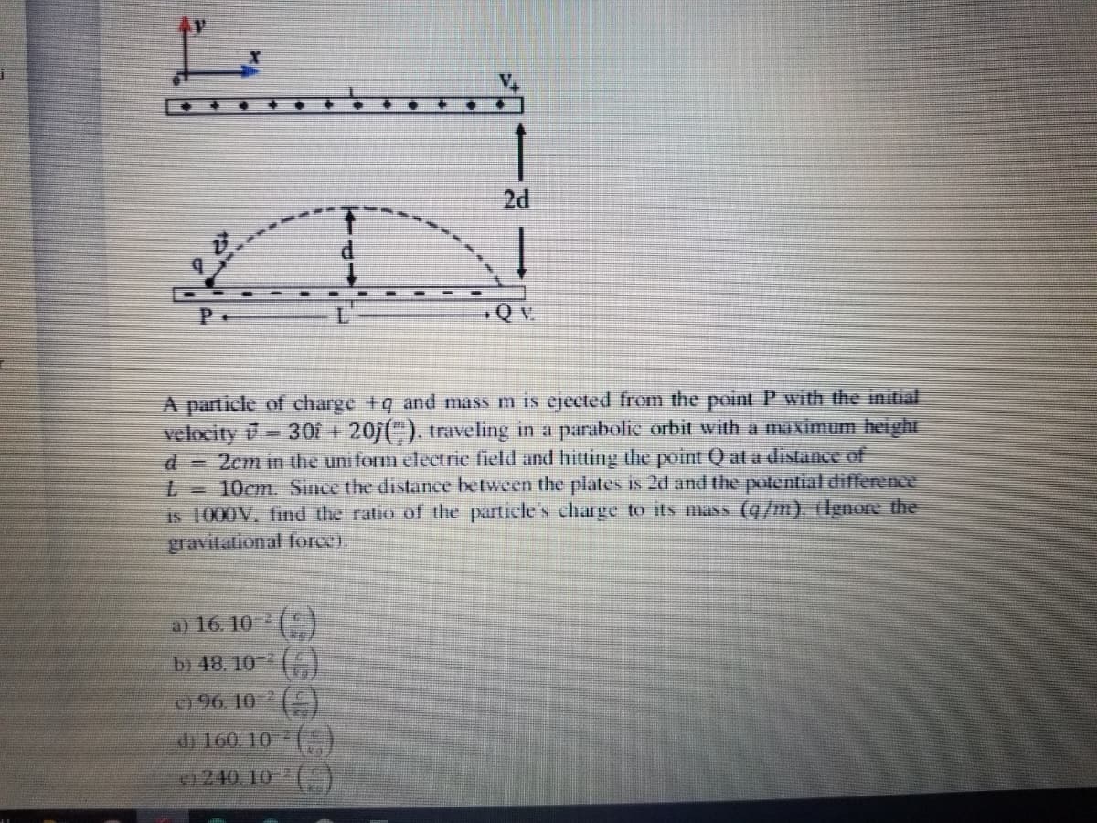 2d
P+
Q v
A particle of charge +q and mass m is ejected from the point P with the initial
velocity = 30i +20/("). traveling in a parabolic orbit with a maximum height
2cm in the uniform electric field and hitting the point Q at a distance of
L = 10cm. Since the distance between the plates is 2d and the potential difference
is 1000V. find the ratio of the particle's charge to its mass (q/m). (Ignore the
gravitational force).
d.
a) 16. 10
b) 48. 10-
o96. 10
()
di 160, 10
2:240 10-
