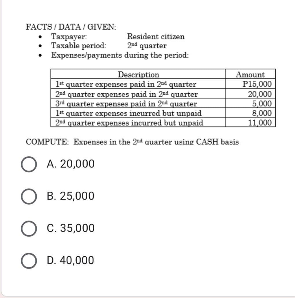 FACTS / DATA / GIVEN:
Тахрауer:
Taxable period:
Expenses/payments during the period:
Resident citizen
2nd quarter
Description
1st quarter expenses paid in 2nd quarter
2nd quarter expenses paid in 2nd quarter
3rd quarter expenses paid in 2nd quarter
1st quarter expenses incurred but unpaid
2nd quarter expenses incurred but unpaid
Amount
P15,000
20,000
5,000
8,000
11,000
COMPUTE: Expenses in the 2nd quarter using CASH basis
A. 20,000
B. 25,000
C. 35,000
D. 40,000
