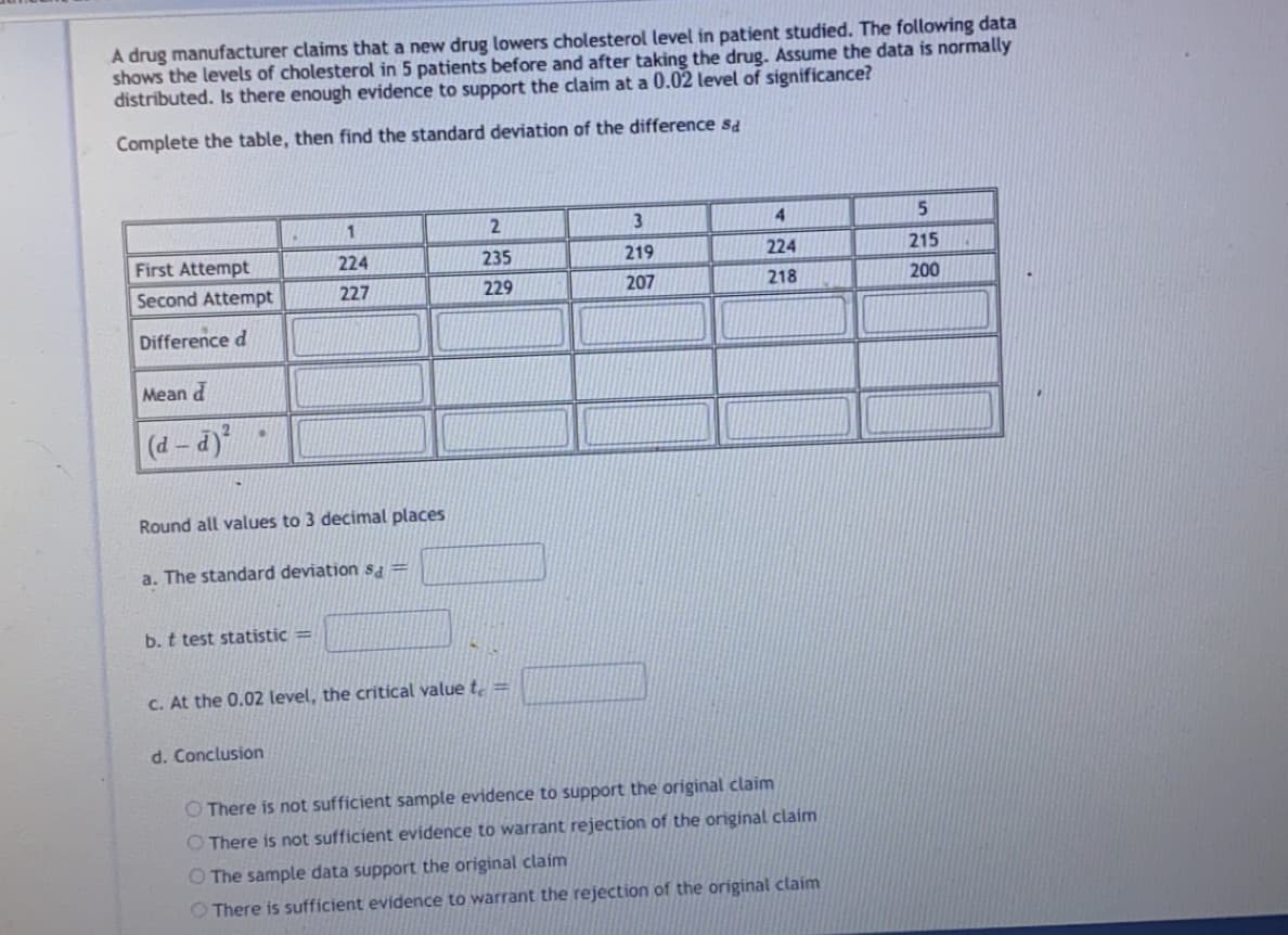 A drug manufacturer claims that a new drug lowers cholesterol level in patient studied. The following data
shows the levels of cholesterol in 5 patients before and after taking the drug. Assume the data is normally
distributed. Is there enough evidence to support the claim at a 0.02 level of significance?
Complete the table, then find the standard deviation of the difference sa
3
4.
First Attempt
224
235
219
224
215
Second Attempt
227
229
207
218
200
Difference d
Mean d
(d – d)
Round all values to 3 decimal places
a. The standard deviation sa =
b. t test statistic =
C. At the 0.02 level, the critical value t =
d. Conclusion
O There is not sufficient sample evidence to support the original claim
O There is not sufficient evidence to warrant rejection of the original claim
O The sample data support the original claim
O There is sufficient evidence to warrant the rejection of the original claim
