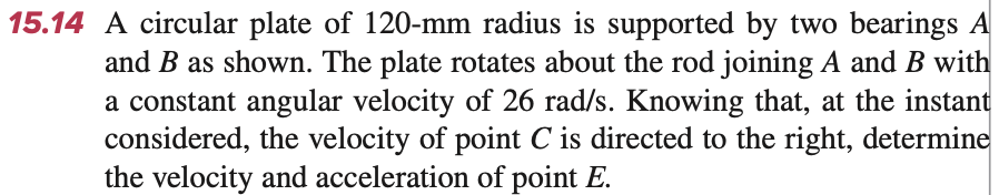 15.14 A circular plate of 120-mm radius is supported by two bearings A
and B as shown. The plate rotates about the rod joining A and B with
a constant angular velocity of 26 rad/s. Knowing that, at the instant
considered, the velocity of point C is directed to the right, determine
the velocity and acceleration of point E.