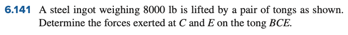 6.141 A steel ingot weighing 8000 lb is lifted by a pair of tongs as shown.
Determine the forces exerted at C and E on the tong BCE.
