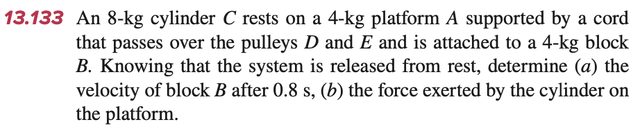 13.133 An 8-kg cylinder C rests on a 4-kg platform A supported by a cord
that passes over the pulleys D and E and is attached to a 4-kg block
B. Knowing that the system is released from rest, determine (a) the
velocity of block B after 0.8 s, (b) the force exerted by the cylinder on
the platform.