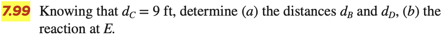7.99 Knowing that dc = 9 ft, determine (a) the distances de and dp, (b) the
reaction at E.