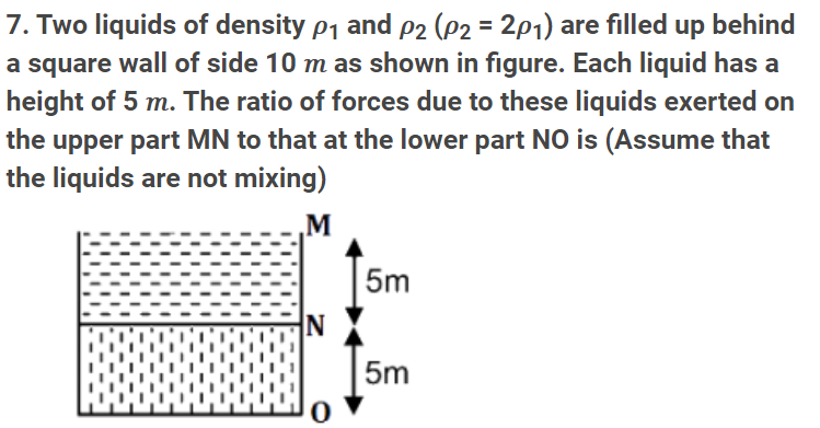 7. Two liquids of density p1 and p2 (P2 = 2p1) are filled up behind
a square wall of side 10 m as shown in figure. Each liquid has a
height of 5 m. The ratio of forces due to these liquids exerted on
the upper part MN to that at the lower part NO is (Assume that
the liquids are not mixing)
M
5m
5m
