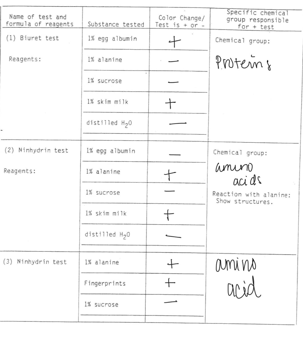 Name of test and
formula of reagents
(1) Biuret
test
Reagents:
(2) Ninhydrin test
Reagents:
(3) Ninhydrin test
Substance tested
1% egg albumin
1% alanine
1% sucrose
1% skim milk
distilled H₂0
1% egg albumin
1% alanine
1% sucrose
1% skim milk
distilled H₂0
1% alanine
Fingerprints
1% sucrose
Color Change/
Test is + or -
+
+
+
|
+1
+
+
Specific chemical
group responsible
for + test
Chemical group:
Proteins
Chemical group:
amino
acids
Reaction with alanine:
Show structures.
amino
acid