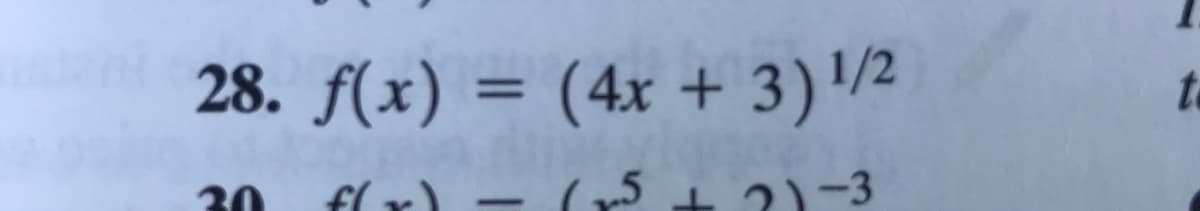 The image shows the following mathematical expression for a function:

28. \( f(x) = (4x + 3)^{1/2} \)

This represents the function \( f(x) \) as the square root of \( 4x + 3 \).