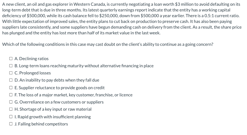 A new client, an oil and gas explorer in Western Canada, is currently negotiating a loan worth $3 million to avoid defaulting on its
long-term debt that is due in three months. Its latest quarterly earnings report indicate that the entity has a working capital
deficiency of $500,000, while its cash balance fell to $250,000, down from $500,000 a year earlier. There is a 0.5:1 current ratio.
With little expectation of improved sales, the entity plans to cut back on production to preserve cash. It has also been paying
suppliers late consistently, and some suppliers have begun demanding cash on delivery from the client. As a result, the share price
has plunged and the entity has lost more than half of its market value in the last week.
Which of the following conditions in this case may cast doubt on the client's ability to continue as a going concern?
A. Declining ratios
B. Long-term loans reaching maturity without alternative financing in place
OC. Prolonged losses
OD. An inability to pay debts when they fall due
□ E. Supplier reluctance to provide goods on credit
O F. The loss of a major market, key customer, franchise, or licence
OG. Overreliance on a few customers or suppliers
OH. Shortage of a key input or raw material
O I. Rapid growth with insufficient planning
O J. Falling behind competitors