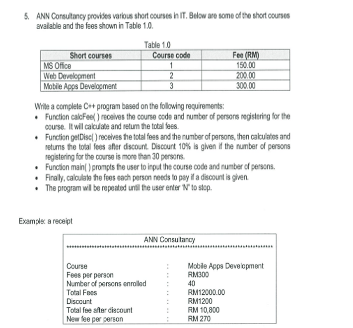 5. ANN Consultancy provides various short courses in IT. Below are some of the short courses
available and the fees shown in Table 1.0.
Short courses
MS Office
Web Development
Mobile Apps Development
Table 1.0
Course code
Example: a receipt
1
2
3
Write a complete C++ program based on the following requirements:
• Function calcFee() receives the course code and number of persons registering for the
course. It will calculate and return the total fees.
• Function getDisc() receives the total fees and the number of persons, then calculates and
returns the total fees after discount. Discount 10% is given if the number of persons
registering for the course is more than 30 persons.
Course
Fees per person
Number of persons enrolled
Total Fees
Discount
Total fee after discount
New fee per person
Fee (RM)
150.00
• Function main() prompts the user to input the course code and number of persons.
. Finally, calculate the fees each person needs to pay if a discount is given.
• The program will be repeated until the user enter 'N' to stop.
ANN Consultancy
200.00
300.00
RM12000.00
RM1200
RM 10,800
RM 270
******
Mobile Apps Development
RM300
40