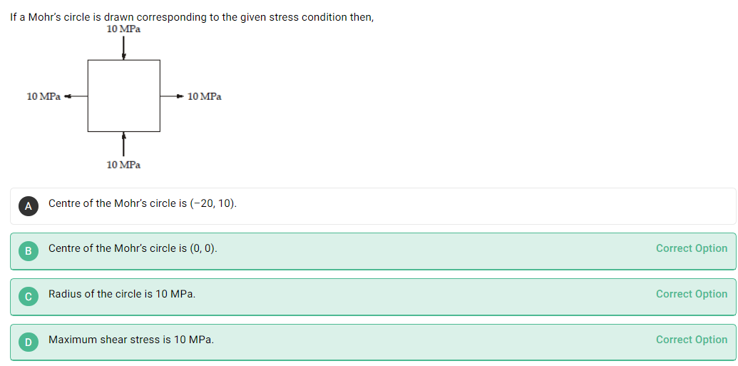 If a Mohr's circle is drawn corresponding to the given stress condition then,
10 MPa
10 MPa
+ 10 MPa
10 MPa
A
Centre of the Mohr's circle is (-20, 10).
Centre of the Mohr's circle is (0, 0).
Correct Option
Radius of the circle is 10 MPa.
Correct Option
D
Maximum shear stress is 10 MPa.
Correct Option
