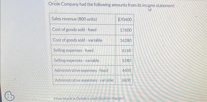 6
Oriole Company had the following amounts from its income statement:
Sales revenue (800 units)
Cost of goods sold-fixed
Cost of goods sold-variable
Selling expenses-fixed
Selling expenses-variable
Administrative expenses - fixed
Administrative expenses variable
$70400
17600
16280
6160
5280
4400
6600
How much is Oriole's contribution margin?