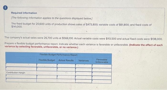 Required information
[The following information applies to the questions displayed below.]
The fixed budget for 20,600 units of production shows sales of $473,800; variable costs of $61,800; and fixed costs of
$141,000.
The company's actual sales were 26,700 units at $566,100. Actual variable costs were $113,500 and actual fixed costs were $138,000.
Prepare a flexible budget performance report. Indicate whether each variance is favorable or unfavorable. (Indicate the effect of each
variance by selecting favorable, unfavorable, or no variance.)
Contribution margin
Flexible Budget Performance Report
Flexible Budget Actual Results
Variances
Favorable/
Unfavorable