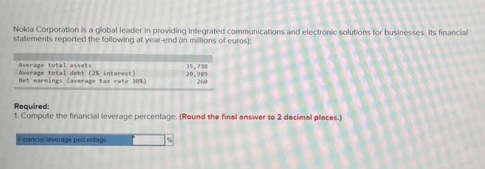 Nokia Corporation is a global leader in providing integrated communications and electronic solutions for businesses. Its financial
statements reported the following at year-end (in millions of euros):
Average total assets.
Average total debt (2% interest).
Net earnings (average tax rate 30%)
35,738
20,989
260
Required:
1. Compute the financial leverage percentage. (Round the final answer to 2 decimal places.)
Financial leverage percentage