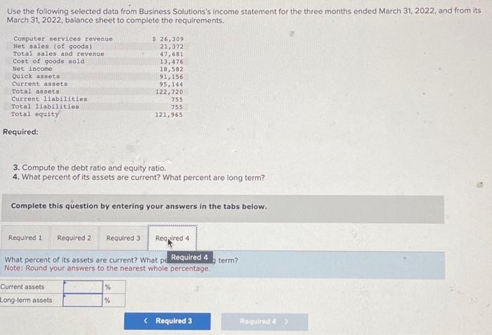 Use the following selected data from Business Solutions's income statement for the three months ended March 31, 2022, and from its
March 31, 2022, balance sheet to complete the requirements.
Computer services revenue
Net sales (of goods)
Total sales and revenue
Cost of goods sold
Net income
Quick assets
Current assets
Total assets
Current liabilities
Total liabilities
Total equity
Required:
$ 26,309
21,372
47,681
13,476
18,582
Current assets
Long-term assets
91, 156
95,144
122,720
3. Compute the debt ratio and equity ratio.
4. What percent of its assets are current? What percent are long term?
%
%
755
755
121,965
Complete this question by entering your answers in the tabs below.
Required 1 Required 2
Required 3 Required 4
What percent of its assets are current? What pe
Required 4
Note: Round your answers to the nearest whole percentage.
< Required 3
term?
Required 4 >