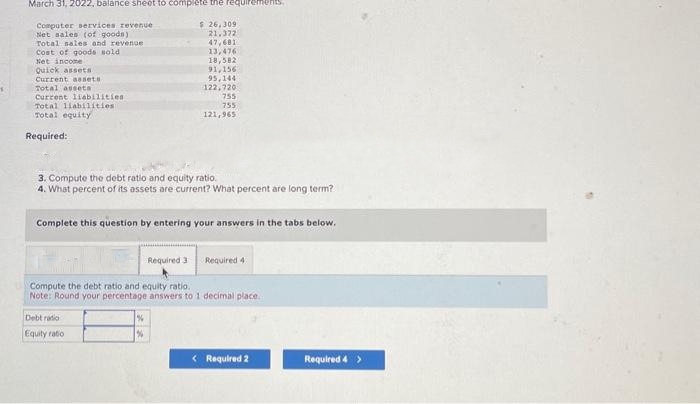 4
March 31, 2022, balance sheet to complete the requir
$ 26,309
Computer services revenue
Net sales (of goods)
Total sales and revenue
Cost of goods sold
21,372
47,681
13,476
Net income
Quick assets
Current assets
Total assets
Current liabilities
Total liabilities:
Total equity
Required:
18,582
91,156
3. Compute the debt ratio and equity ratio.
4. What percent of its assets are current? What percent are long term?
Debt radio
Equity ratio
95,144
122,720
Complete this question by entering your answers in the tabs below.
Required 3
%
755
755
121,965
Compute the debt ratio and equity ratio.
Note: Round your percentage answers to 1 decimal place.
Required 4
< Required 2
Required 4 >