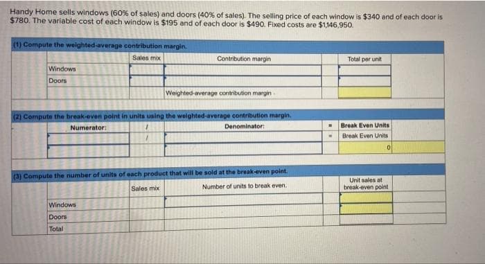 Handy Home sells windows (60% of sales) and doors (40% of sales). The selling price of each window is $340 and of each door is
$780. The variable cost of each window is $195 and of each door is $490. Fixed costs are $1,146,950.
(1) Compute the weighted-average contribution margin.
Sales mix
Windows
Doors
Contribution margin
Weighted average contribution margin
(2) Compute the break-even point in units using the weighted-average contribution margin.
Numerator:
Denominator:
Windows
Doors
Total
(3) Compute the number of units of each product that will be sold at the break-even point.
Sales mix
Number of units to break even.
Total per unit
Break Even Units
Break Even Units
Unit sales at
break-even point