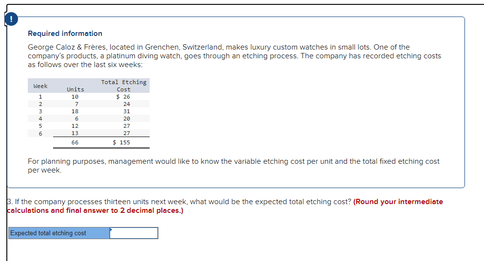 Required information
George Caloz & Frères, located in Grenchen, Switzerland, makes luxury custom watches in small lots. One of the
company's products, a platinum diving watch, goes through an etching process. The company has recorded etching costs
as follows over the last six weeks:
Week
1
2
3
4
5
6
Units
10
7
18
6
12
13
66
Total Etching
Cost
$26
24
31
20
27
27
$ 155
For planning purposes, management would like to know the variable etching cost per unit and the total fixed etching cost
per week.
Expected total etching cost
3. If the company processes thirteen units next week, what would be the expected total etching cost? (Round your intermediate
calculations and final answer to 2 decimal places.)