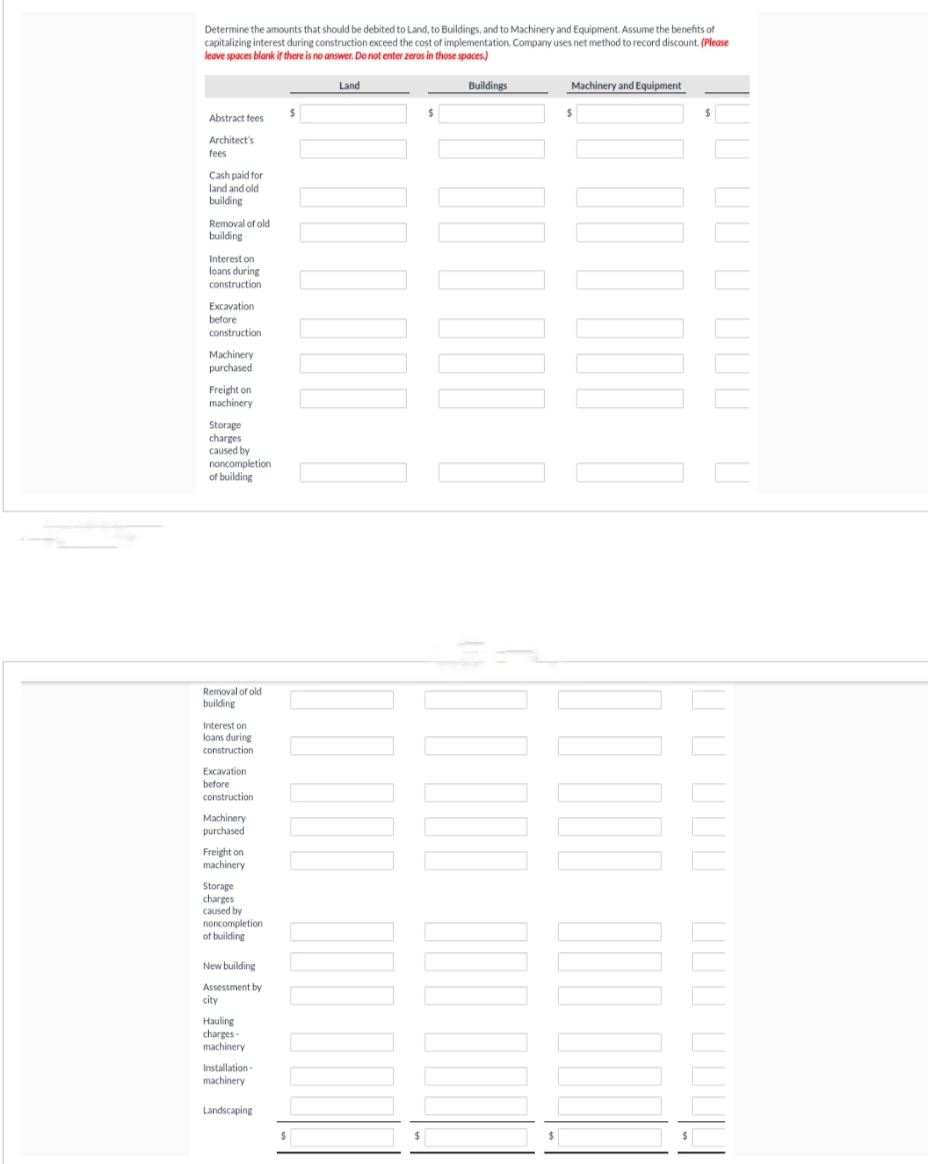Determine the amounts that should be debited to Land, to Buildings, and to Machinery and Equipment. Assume the benefits of
capitalizing interest during construction exceed the cost of implementation. Company uses net method to record discount. (Please
leave spaces blank if there is no answer. Do not enter zeros in those spaces.)
Abstract fees
Architect's
fees
Cash paid for
Buildings
1000000
Machinery and Equipment
0000000
------