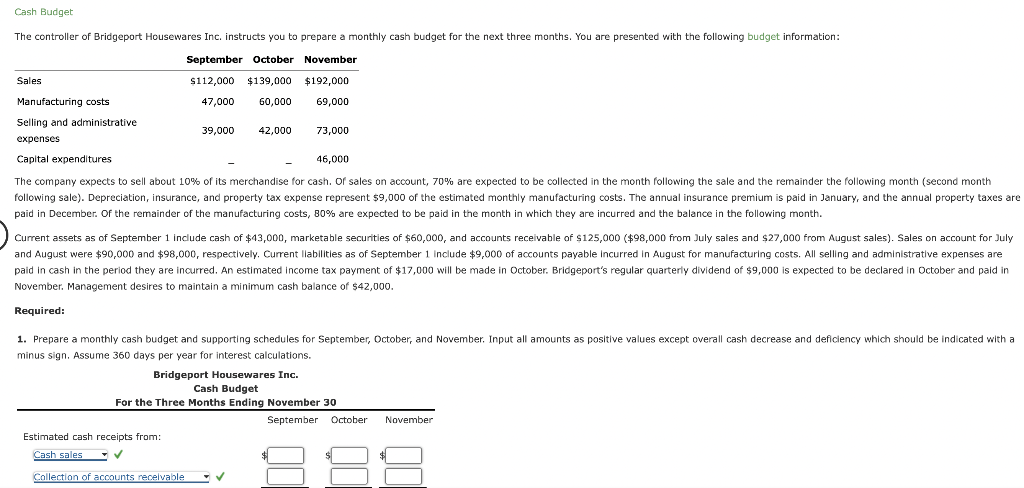 Cash Budget
The controller of Bridgeport Housewares Inc. instructs you to prepare a monthly cash budget for the next three months. You are presented with the following budget information:
September October
November
$112,000 $139,000 $192,000
47,000 60,000 69,000
Sales
Manufacturing costs
Selling and administrative
expenses
Capital expenditures
39,000 42,000
46,000
The company expects to sell about 10% of its merchandise for cash. Of sales on account, 70% are expected to be collected in the month following the sale and the remainder the following month (second month
following sale). Depreciation, insurance, and property tax expense represent $9,000 of the estimated monthly manufacturing costs. The annual insurance premium is paid in January, and the annual property taxes are
paid December. Of the remainder of the manufacturing costs, 80% are expected to be paid in the month in which they are incurred and the balance in the following month.
Current assets as of September 1 include cash of $43,000, marketable securities of $60,000, and accounts receivable of $125,000 ($98,000 from July sales and $27,000 from August sales). Sales on account for July
and August were $90,000 and $98,000, respectively. Current liabilities as of September 1 include $9,000 of accounts payable incurred in August for manufacturing costs. All selling and administrative expenses are
paid in cash in the period they are incurred. An estimated income tax payment of $17,000 will be made in October. Bridgeport's regular quarterly dividend of $9,000 is expected to be declared in October and paid in
November. Management desires to maintain a minimum cash balance of $42,000.
Required:
73,000
1. Prepare a monthly cash budget and supporting schedules for September, October, and November. Input all amounts as positive values except overall cash decrease and deficiency which should be indicated with a
minus sign. Assume 360 days per year for interest calculations.
Estimated cash receipts from:
Cash sales
✓
Bridgeport Housewares Inc.
Cash Budget
For the Three Months Ending November 30
Collection of accounts receivable
✓
September October November