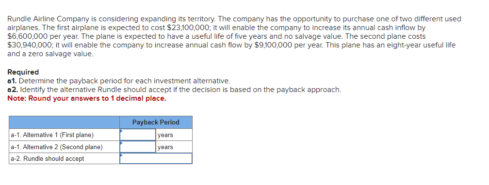 Rundle Airline Company is considering expanding its territory. The company has the opportunity to purchase one of two different used
airplanes. The first airplane is expected to cost $23,100,000; it will enable the company to increase its annual cash inflow by
$6,600,000 per year. The plane is expected to have a useful life of five years and no salvage value. The second plane costs
$30,940,000; it will enable the company to increase annual cash flow by $9,100,000 per year. This plane has an eight-year useful life
and a zero salvage value.
Required
a1. Determine the payback period for each investment alternative.
a2. Identify the alternative Rundle should accept if the decision is based on the payback approach.
Note: Round your answers to 1 decimal place.
a-1. Alternative 1 (First plane)
a-1. Alternative 2 (Second plane)
a-2. Rundle should accept
Payback Period
years
years