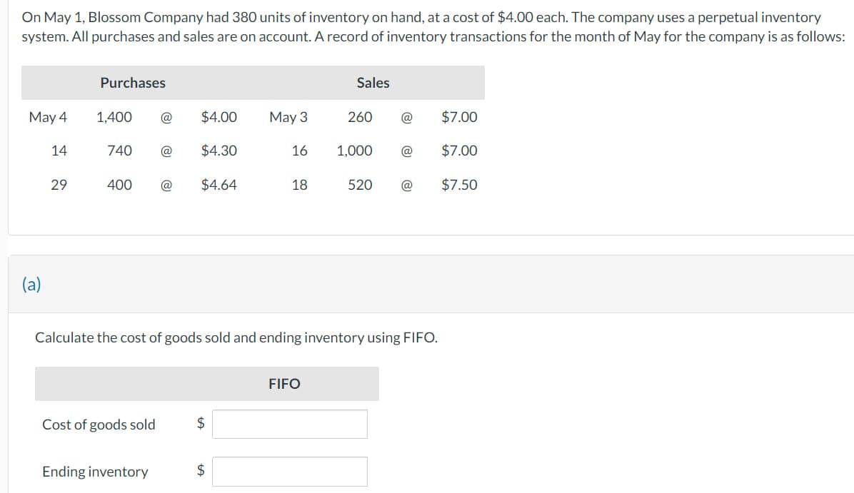 On May 1, Blossom Company had 380 units of inventory on hand, at a cost of $4.00 each. The company uses a perpetual inventory
system. All purchases and sales are on account. A record of inventory transactions for the month May for the company is as follows:
May 4
(a)
14
29
Purchases
1,400 @ $4.00
740 @
400 @ $4.64
$4.30
Cost of goods sold
Ending inventory
$
May 3
$
16
18
Sales
Calculate the cost of goods sold and ending inventory using FIFO.
FIFO
$7.00
1,000 @ $7.00
260
@
520 @
$7.50